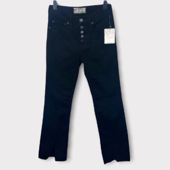 NWT Free People Cropped Button Front Black Jeans Size 24 Flare Denim Raw Hem NEW - Picture 4 of 12